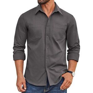 Coofandy Men Dark Grey Button Down Untucked Long Sleeve Woven Shirt with Pockets